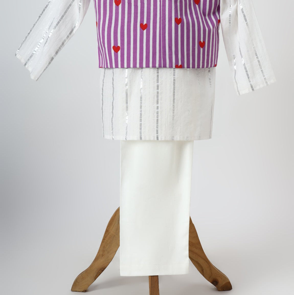 White & Purple Heart Print Jacket Kurta Pyjama Set - image 1