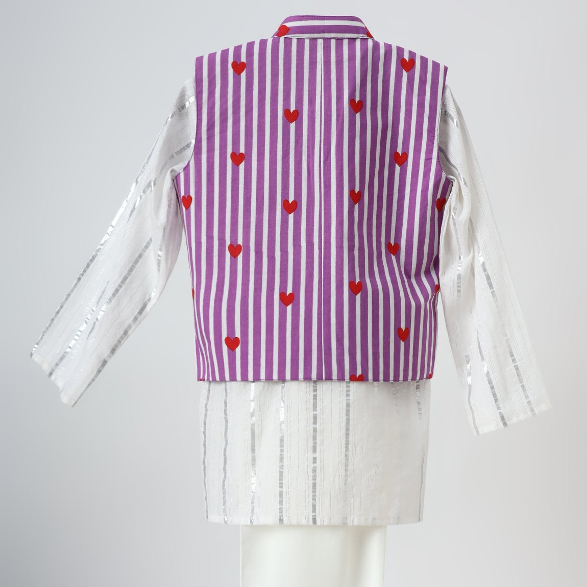 White & Purple Heart Print Jacket Kurta Pyjama Set