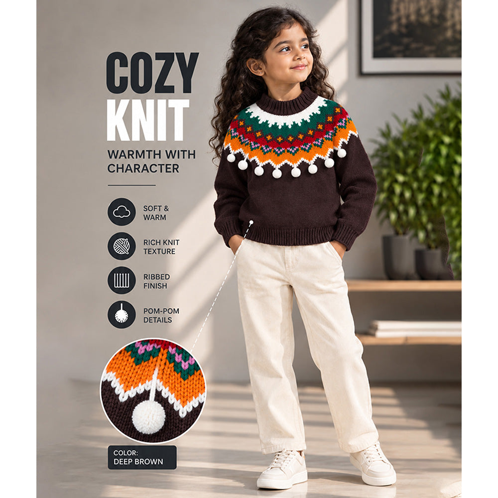 Little Surprise Box, Brown Multi Color Pompom Winter Cardigan Sweater for Kids