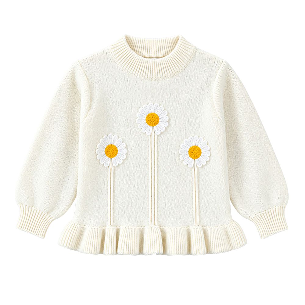 Little Surprise Box, Cream Daisy Knitted Peplum Winter Cardigan Sweater for Girls