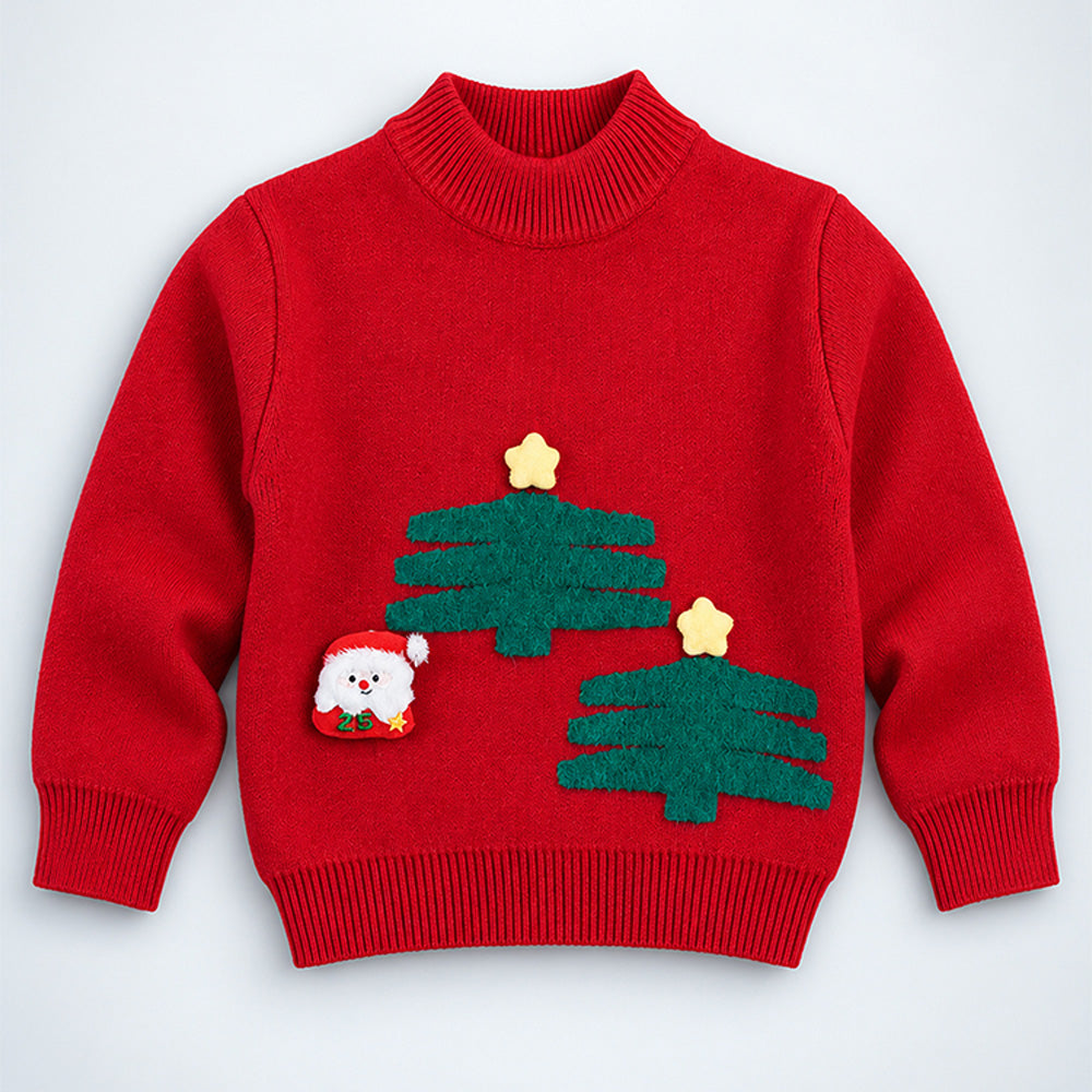 Little Surprise Box, Red Christmas 2 Tree & Santa Knitted Winter Cardigan, Christmas Sweater for Kids