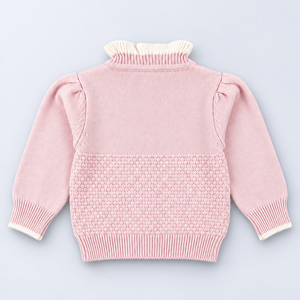 Little Surprise Box, Peach Ruffle Neck Cat Bow Knitted Winter Cardigan Sweater for Girls