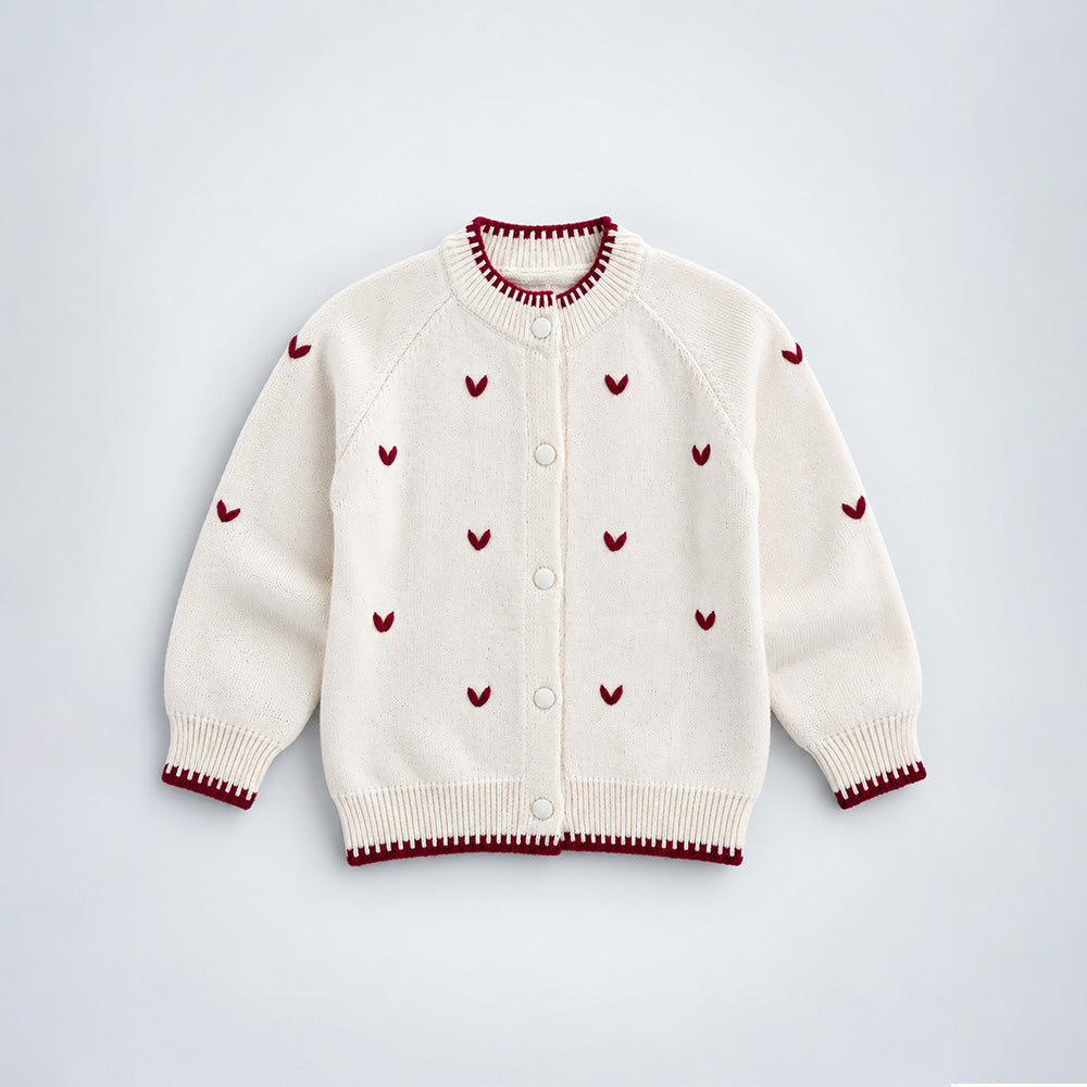 Little Surprise Box, Cream & Maroon Mini Hearts Knitted Winter Cardigan, Christmas Sweater for Kids