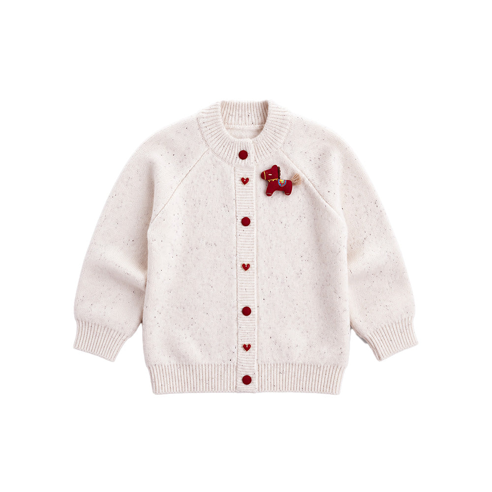 Little Surprise Box, Cream Little Pony Horse Winter Cardigan, Christmas Sweater with Horse Brooch for Kids