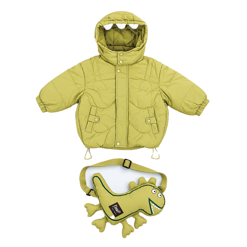 Little Surprise Box Olive Green Dino-Themed Quilted Hooded Winter Jacket for Kids