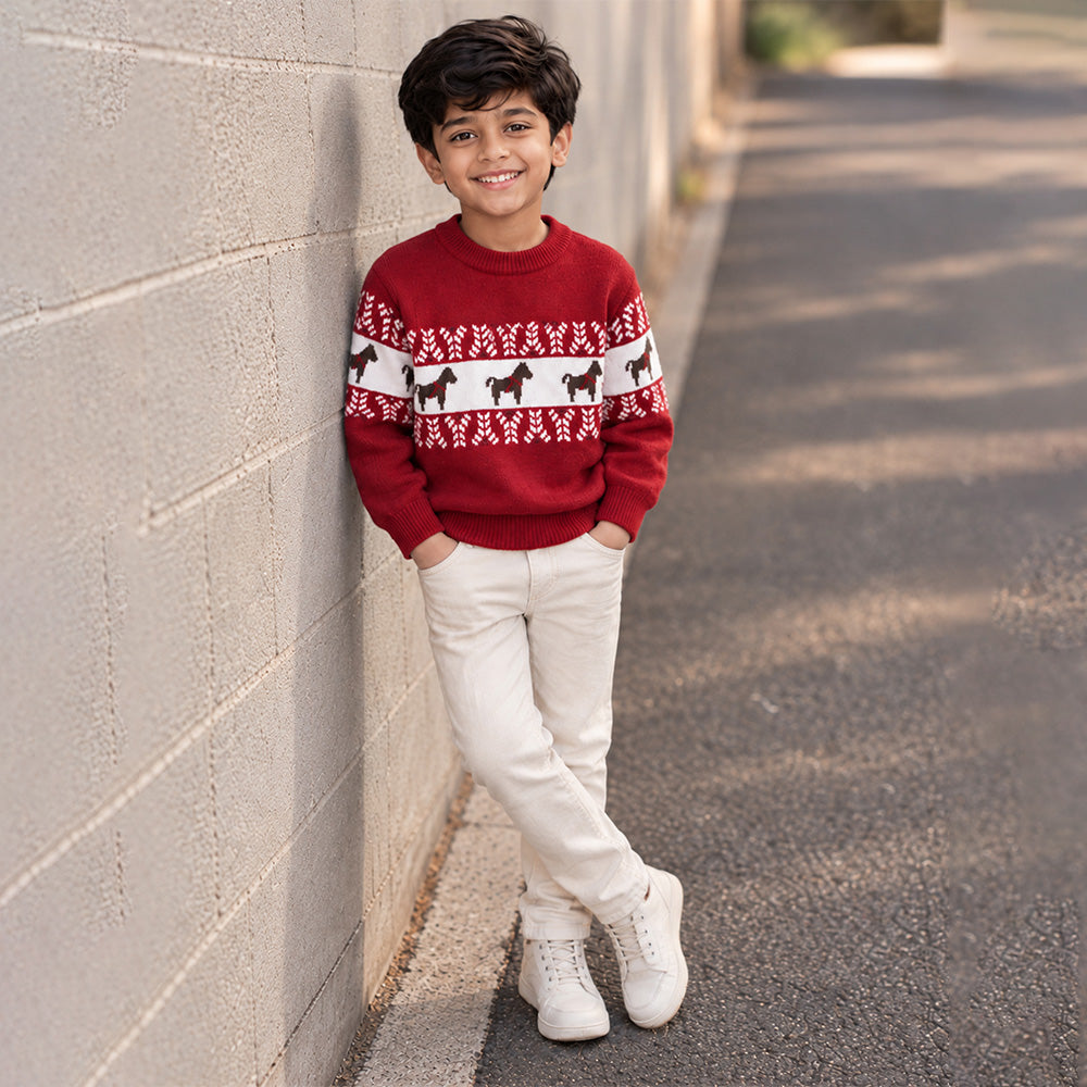 Little Surprise Box, Red Horse Pattern Knitted Winter Cardigan, Christmas Sweater for Kids