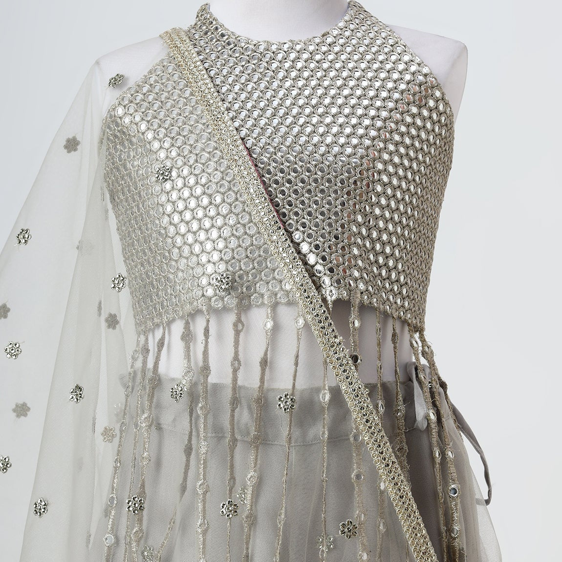 Silver Grey Mirror Embroidered Soft Net Lehenga Set - image 3
