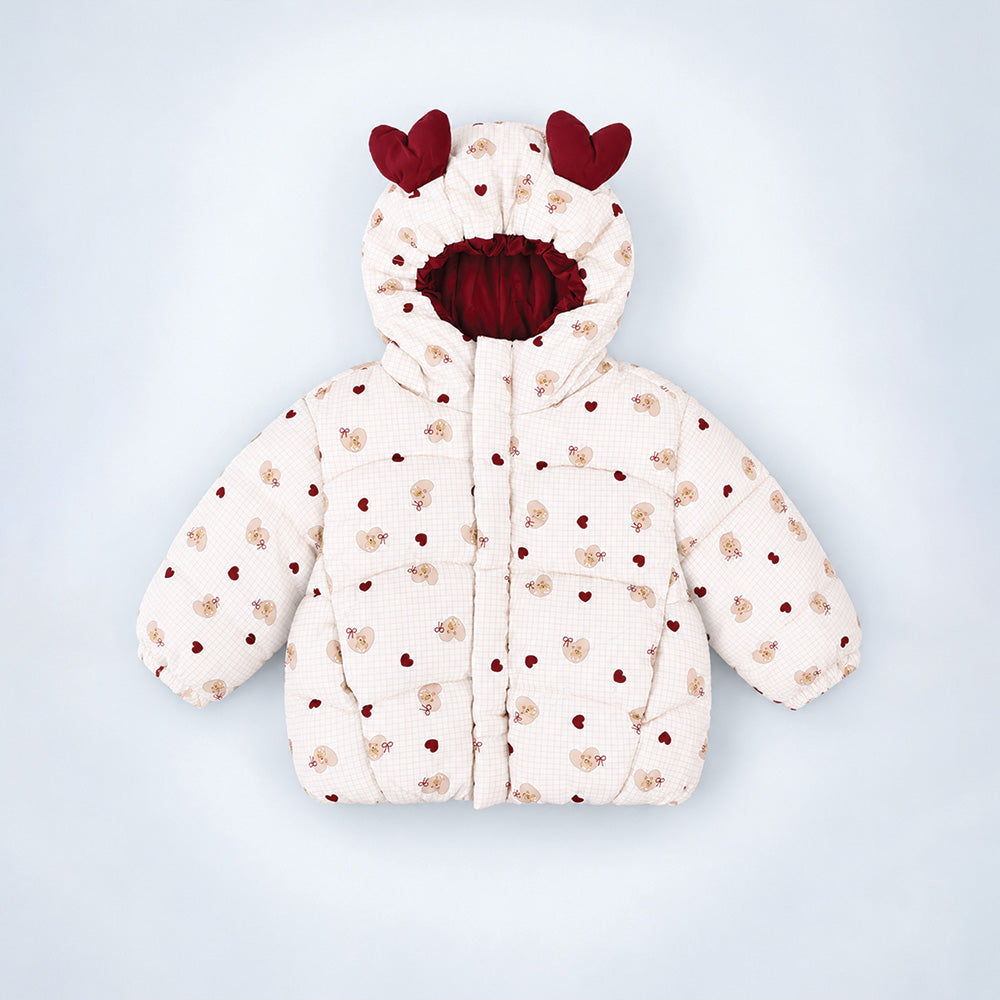 Little Surprise Box Cream & Maroon  Heart Teddy Quilted Hooded Winter Jacket for Kids