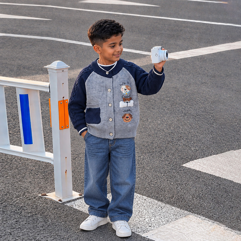 Little Surprise Box, Grey & Navy Blue Puppy Winter Cardigan Sweater for Kids