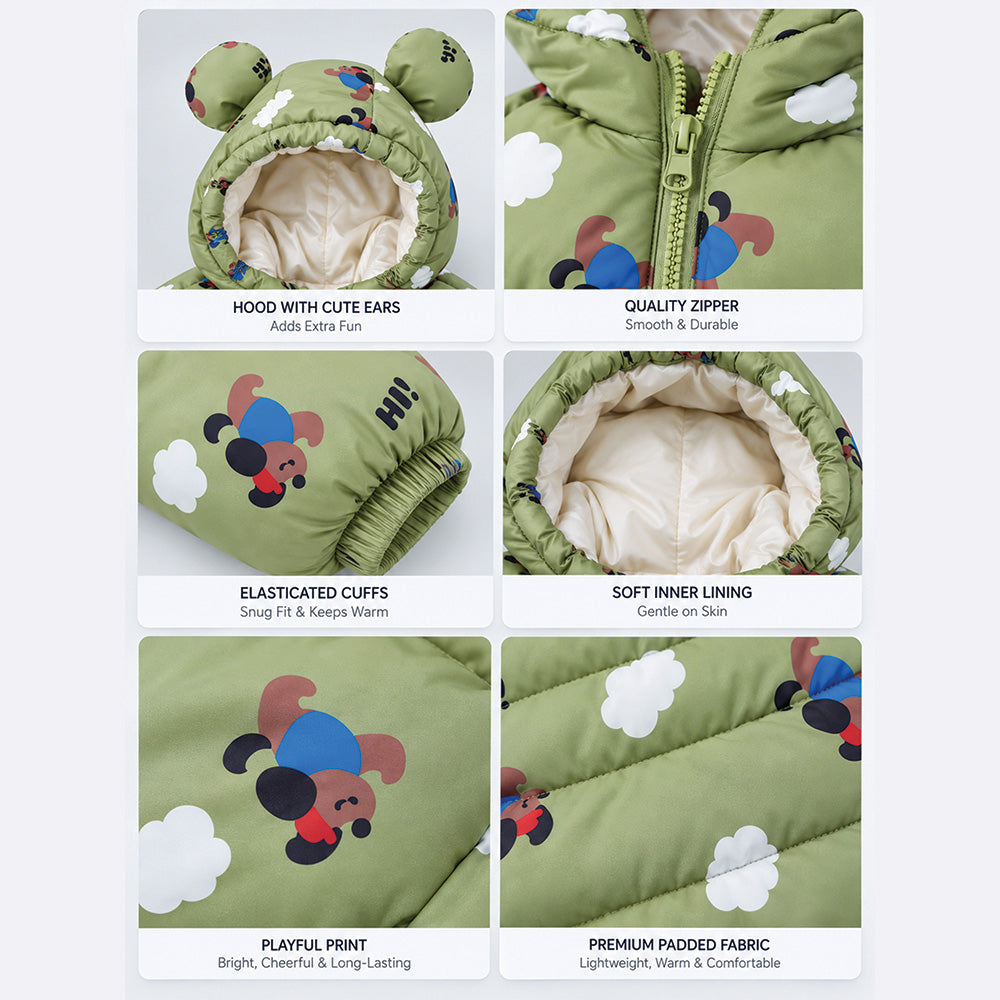 Little Surprise Box Sage Green Puppy & Cloud Quilted Hooded Winter Jacket for Kids
