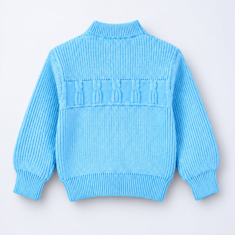 Little Surprise Box, Blue Bow & Pom-Pom Knitted Winter Cardigan Sweater for Girls
