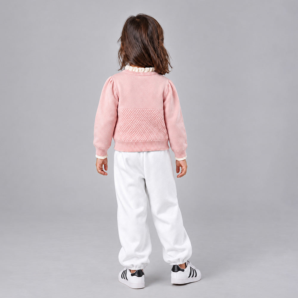 Little Surprise Box, Peach Ruffle Neck Cat Bow Knitted Winter Cardigan Sweater for Girls