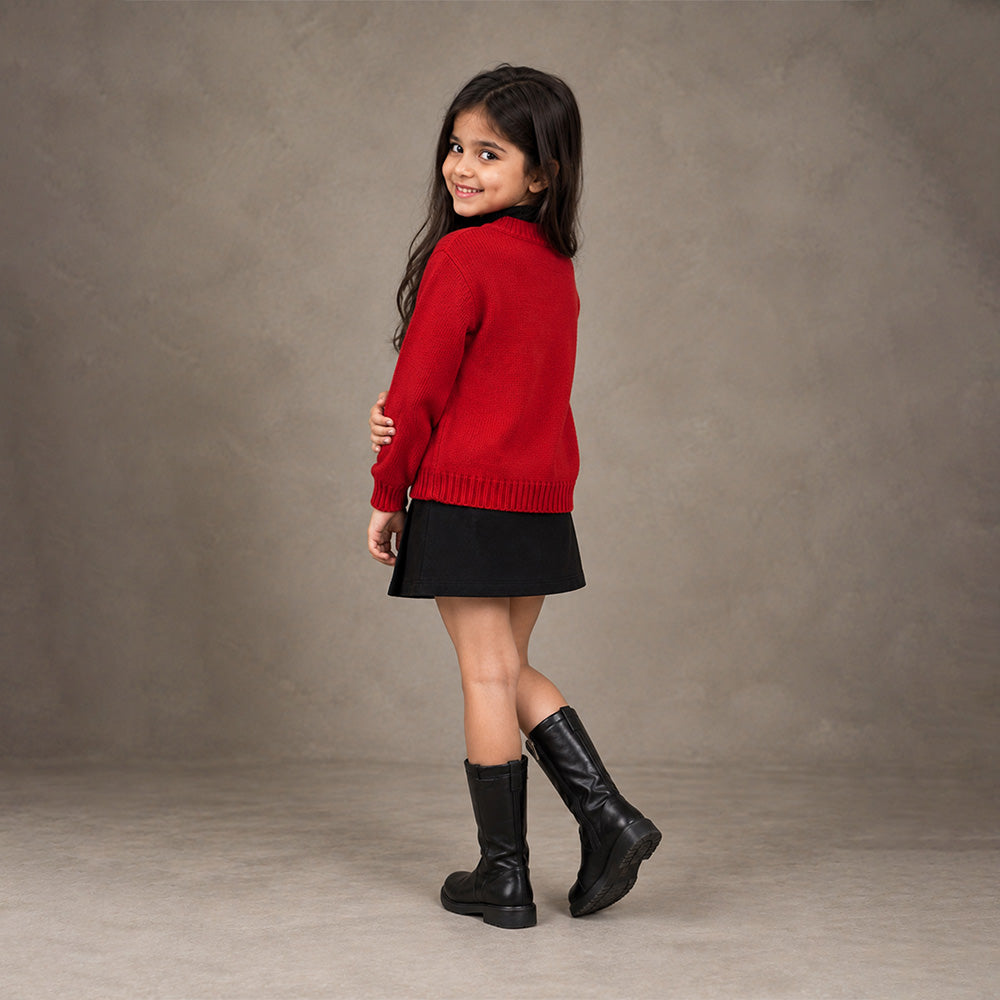 Little Surprise Box, Red Christmas Tree & Gingerbread Knitted Winter Cardigan, Christmas Sweater for Kids
