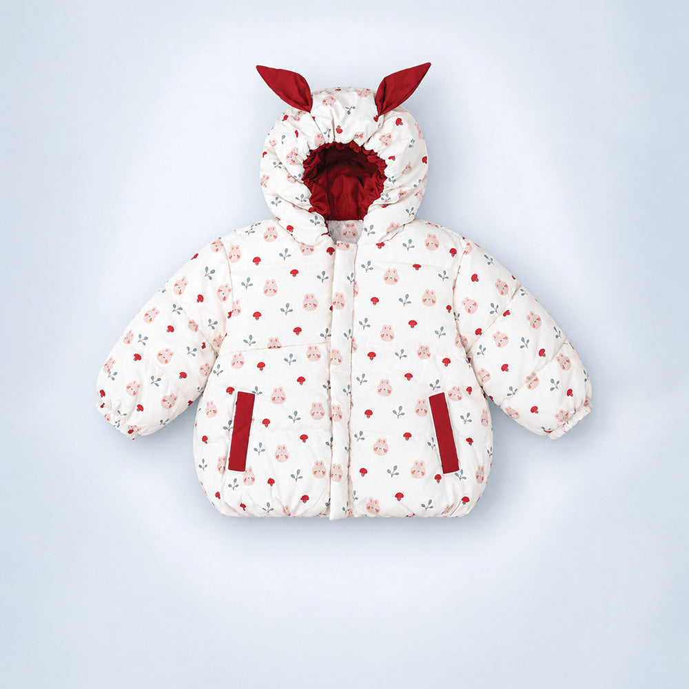 Little Surprise Box Cream & Brown Bunny Mushroom Quilted Hooded Winter Jacket for Kids