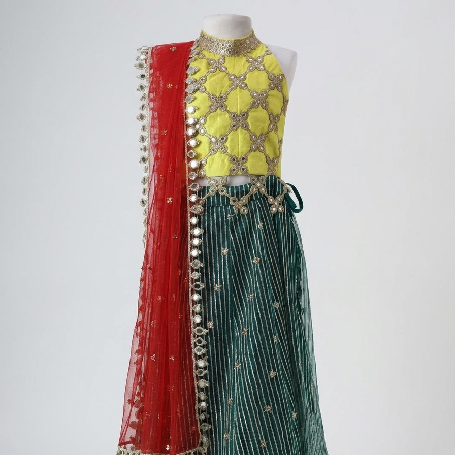 Yellow & Green Organza Mirrorwork Lehenga Set - image 1
