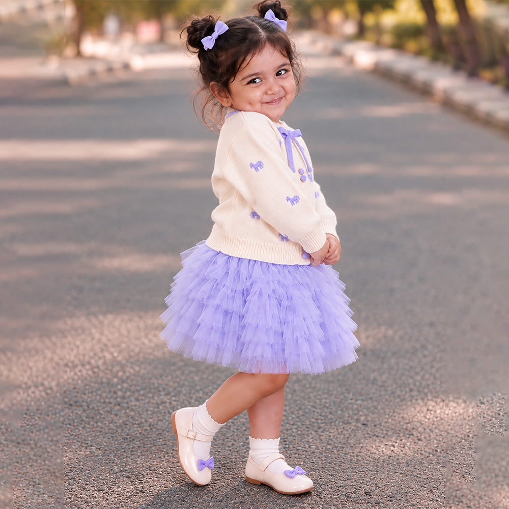 Little Surprise Box, Ivory Horse Sweater & Purple Ruffle Skirt with Detachable Bow Clip, Winterwear 2 Pcs Set for Girls