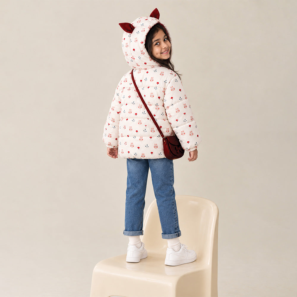 Little Surprise Box Cream & Brown Bunny Mushroom Quilted Hooded Winter Jacket for Kids