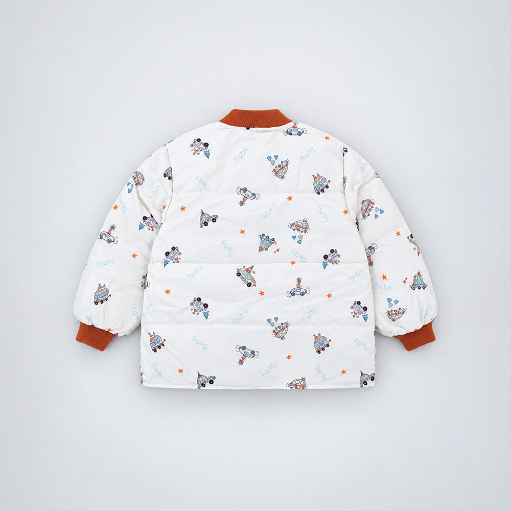Little Surprise Box Ivory & Brown Plane Quilted Bomber Winter Jacket for Kids