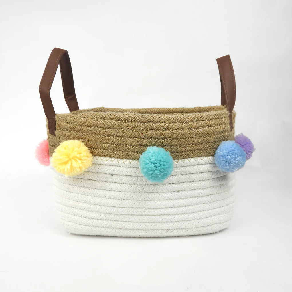 Small Jute Basket - Rainbow Pom Poms