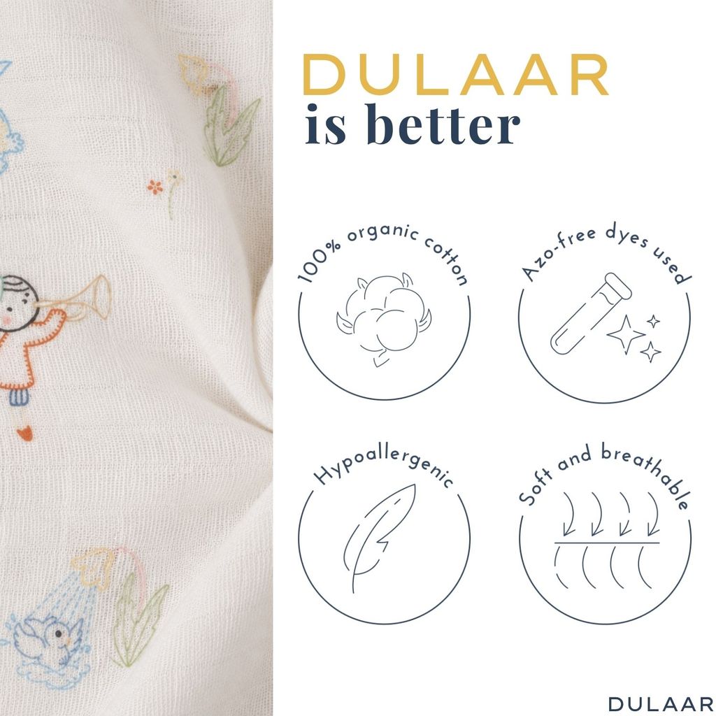 Product packaging with embroidered design and Dulaar branding highlighting organic cotton and safety features.