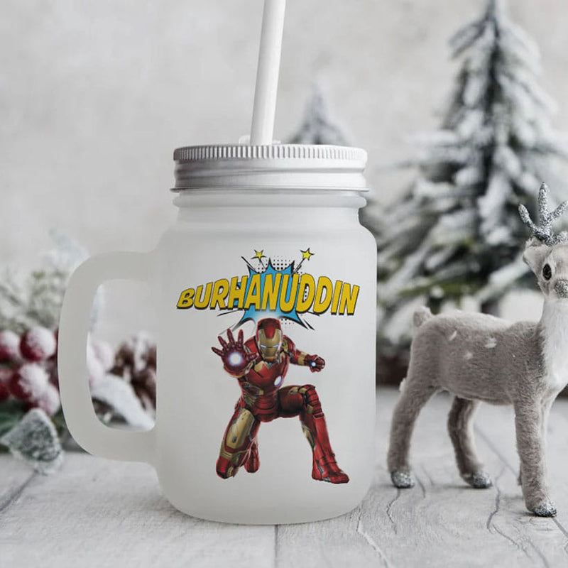 Frosted Mason Jar - Iron Man