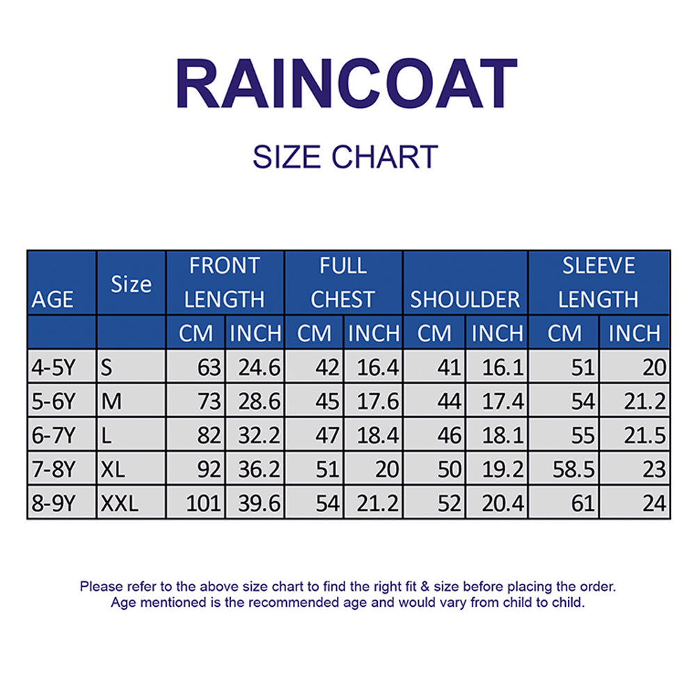 Size chart for color pop knee-length kids raincoat suitable for ages 4 to 9 years