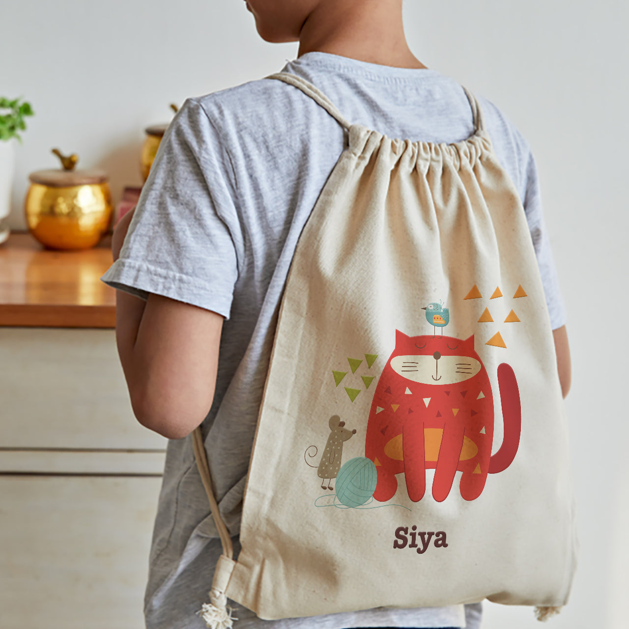 Personalised Drawstring Bag - Kitty Cat