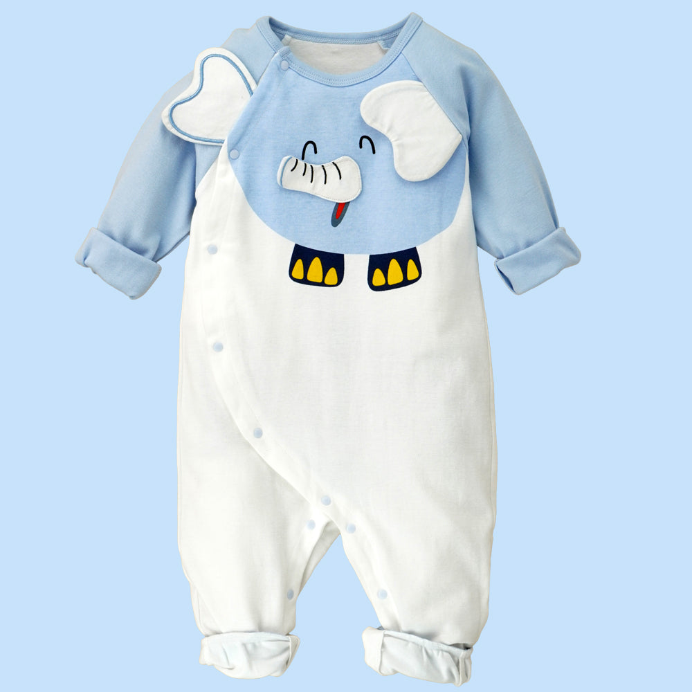 Little Surpise Box, Blue 3D Eared Elephant Theme Full Sleeves Jumpsuit Romper For Tiny Toddlers-6-12M