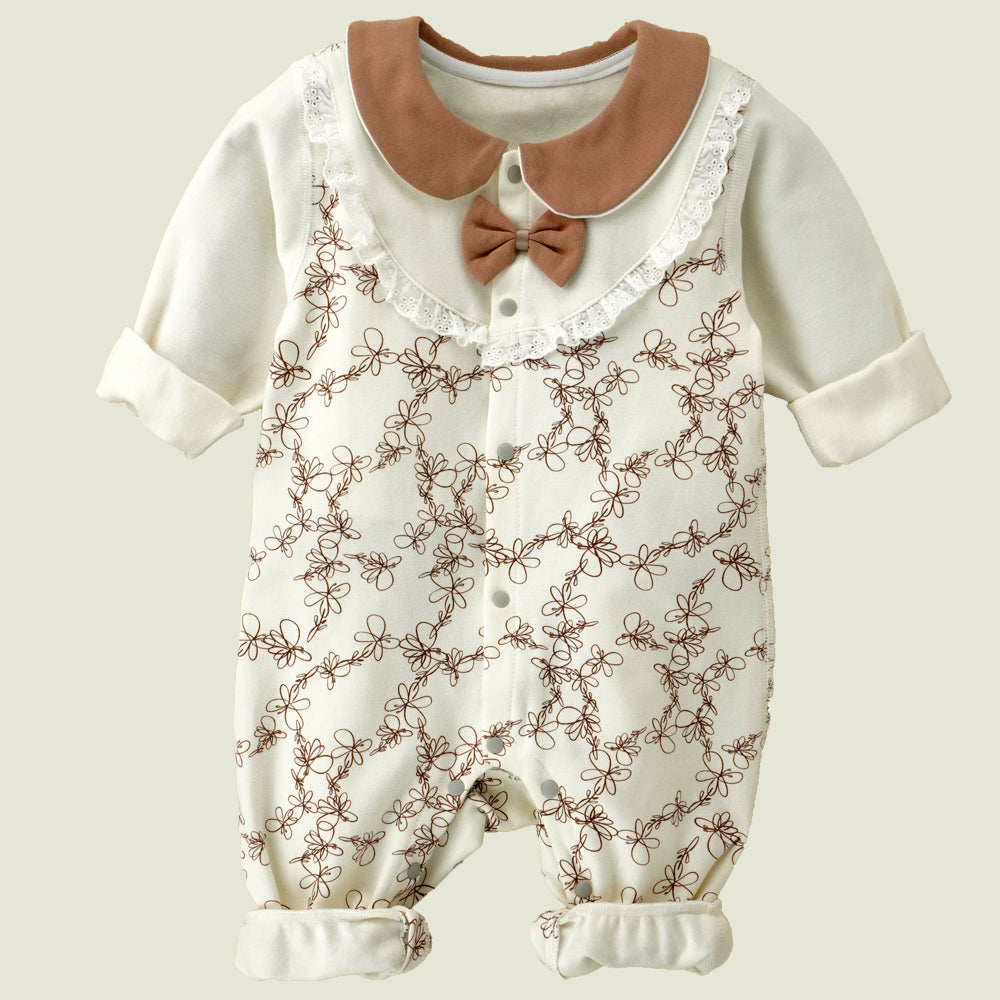 Little Surprise Box, Brown Doodle Butterfly Full Sleeves Jumpsuit Style Romper For Tiny Toddlers