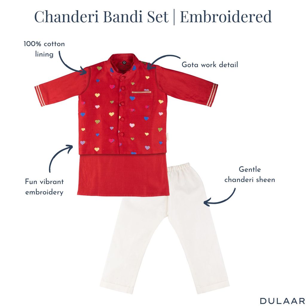 Chanderi Kurta Pyjama & Bandi Set | Embroidered (Gota Work)