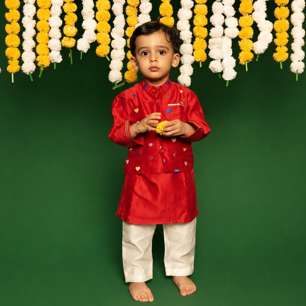 Chanderi Kurta Pyjama & Bandi Set | Embroidered (Gota Work)