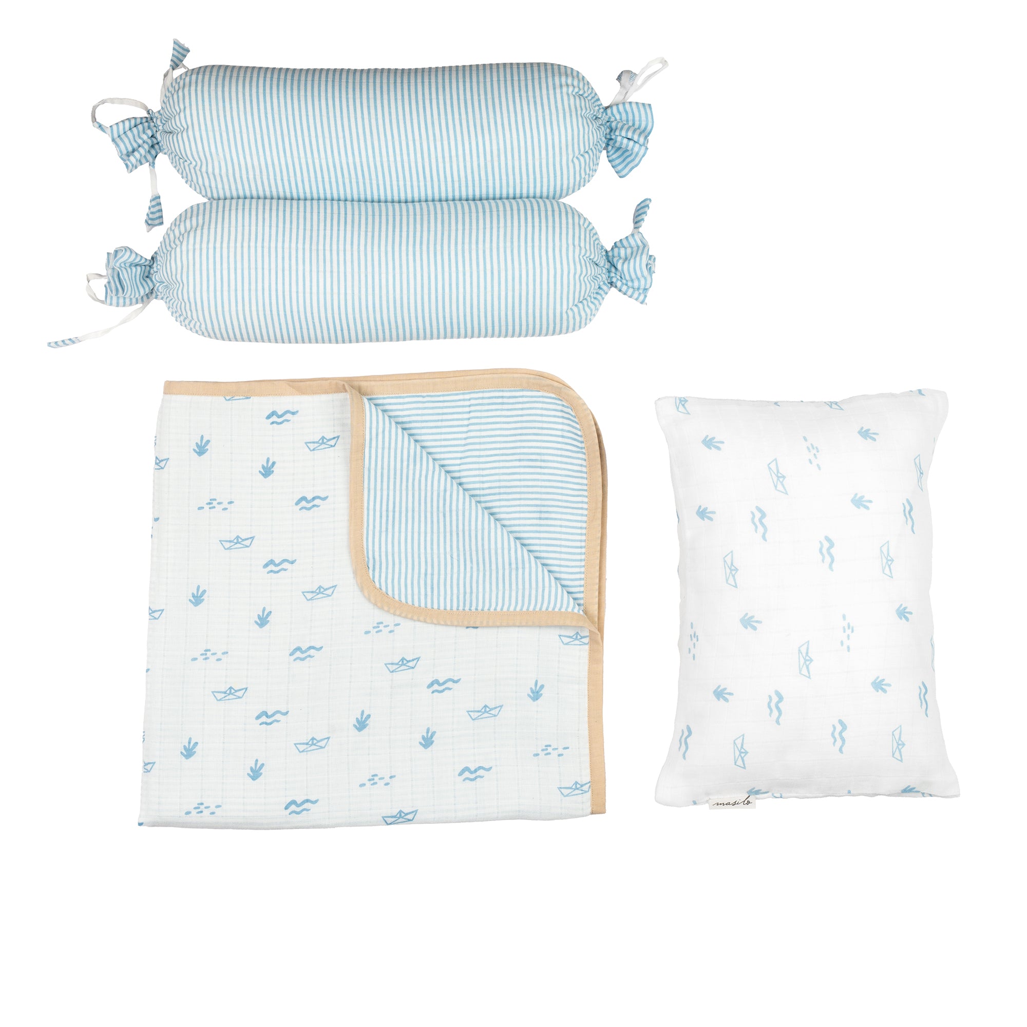 Complete Boat Mini Cot Set with organic muslin blanket, pillow and bolsters
