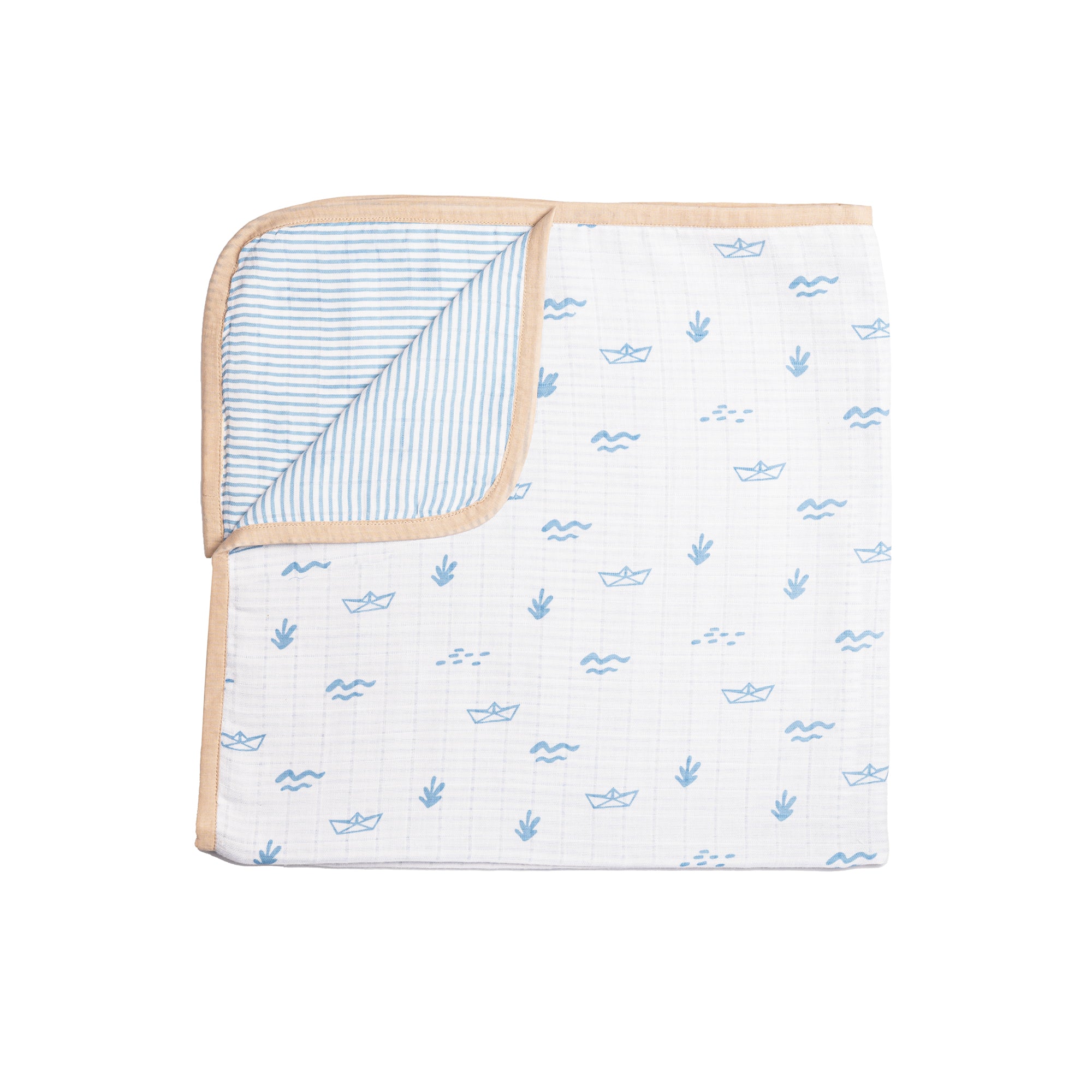 Boat print newborn blanket with soft blue details and striped reverse
