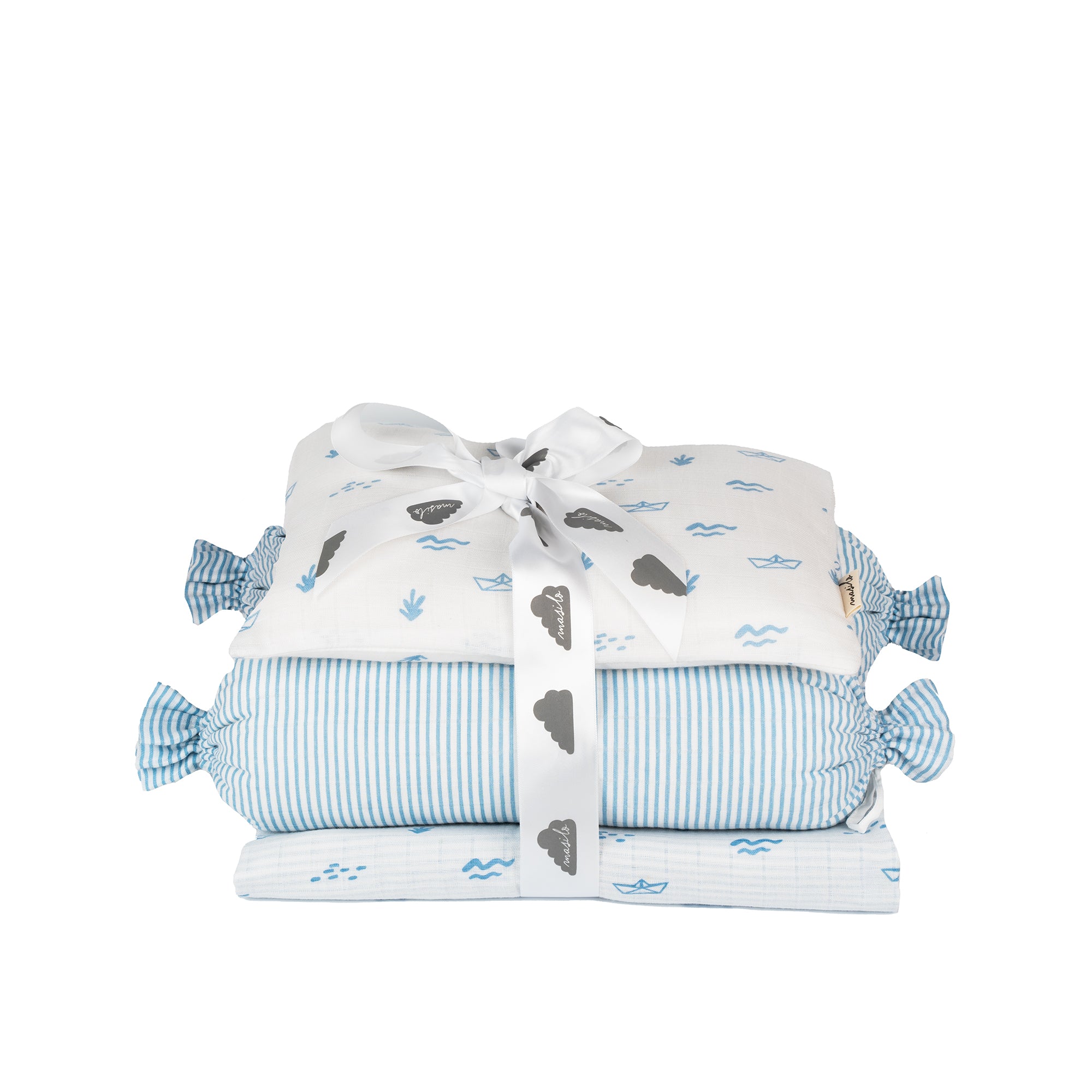 Boat print Mini Cot Set with baby pillow, bolsters and newborn blanket in organic muslin