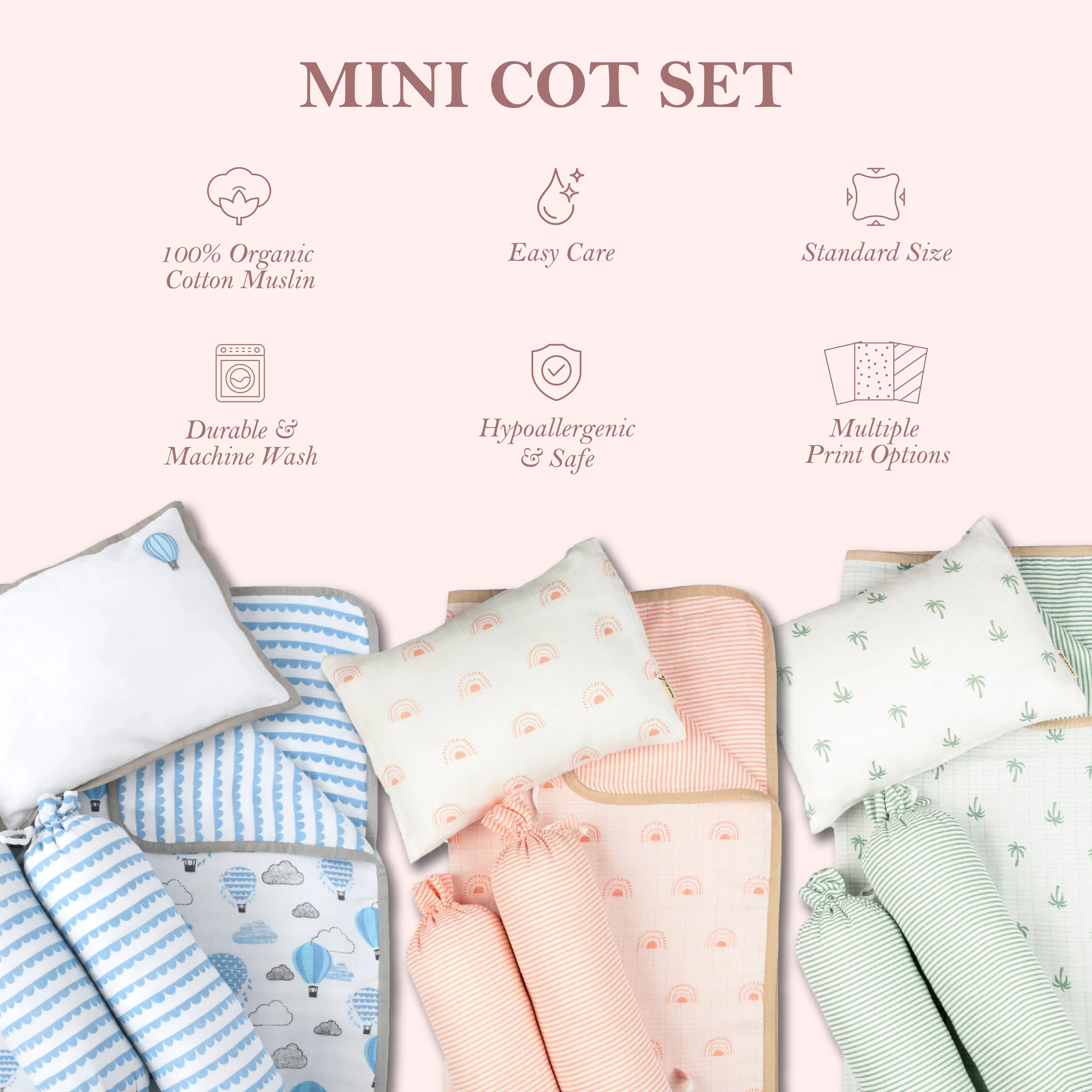 Complete Palm Mini Cot Set for newborn cot bedding