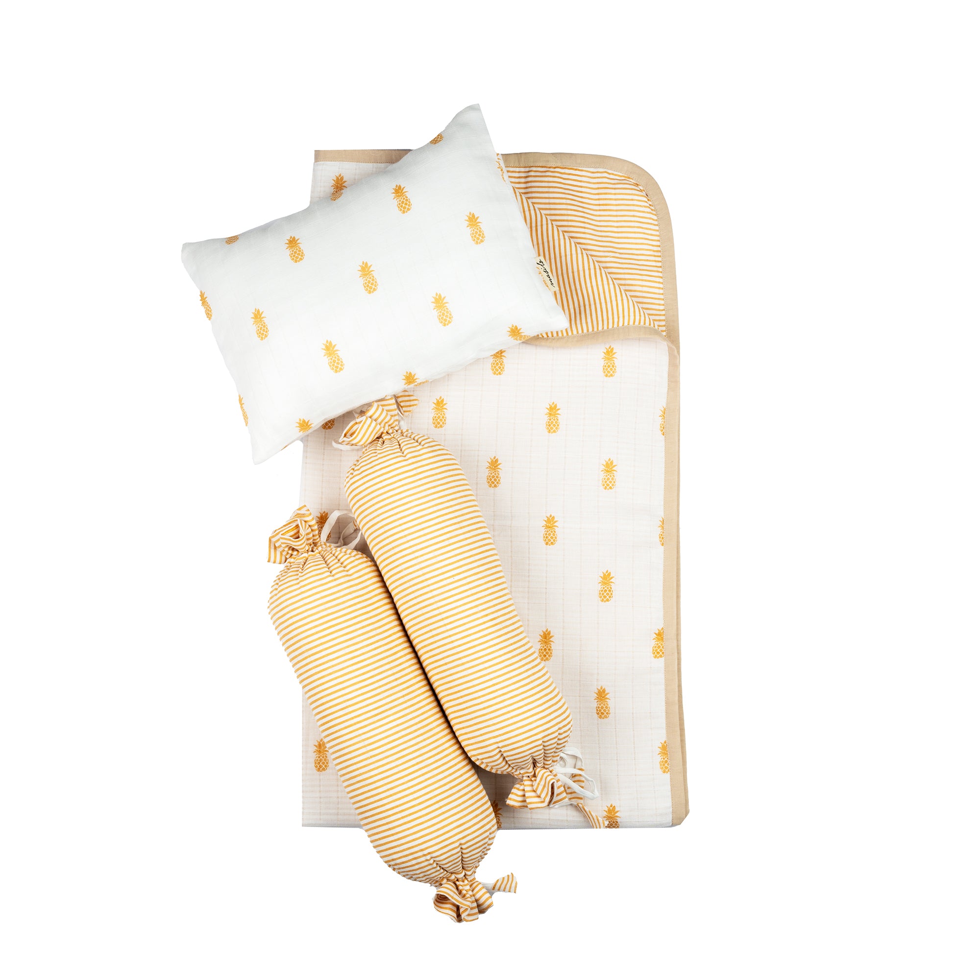 Pair of Pineapple print baby bolsters in organic muslin