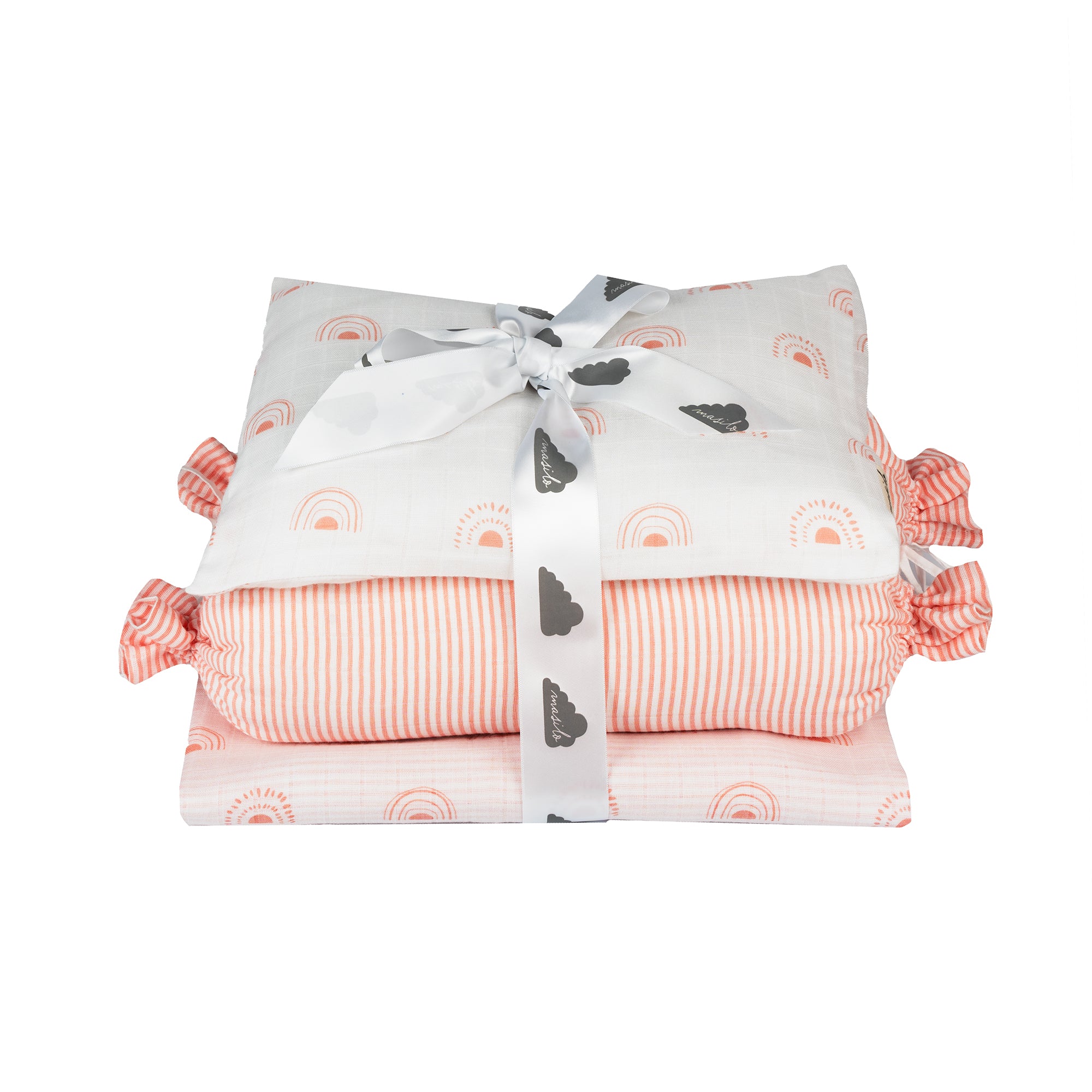 Rainbow print newborn blanket detail in organic muslin