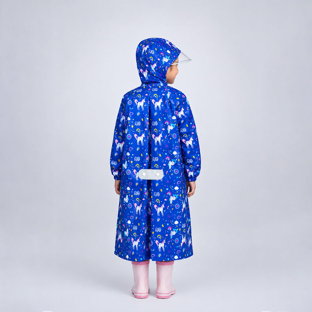 Back view of navy unicorn print kids raincoat with hood and expandable backpack panel