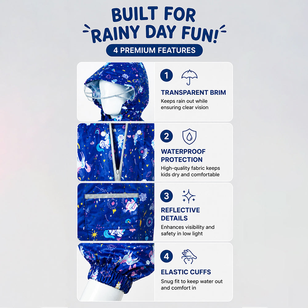 Navy unicorn kids raincoat features including transparent brim, waterproof protection, reflective details and elastic cuffs