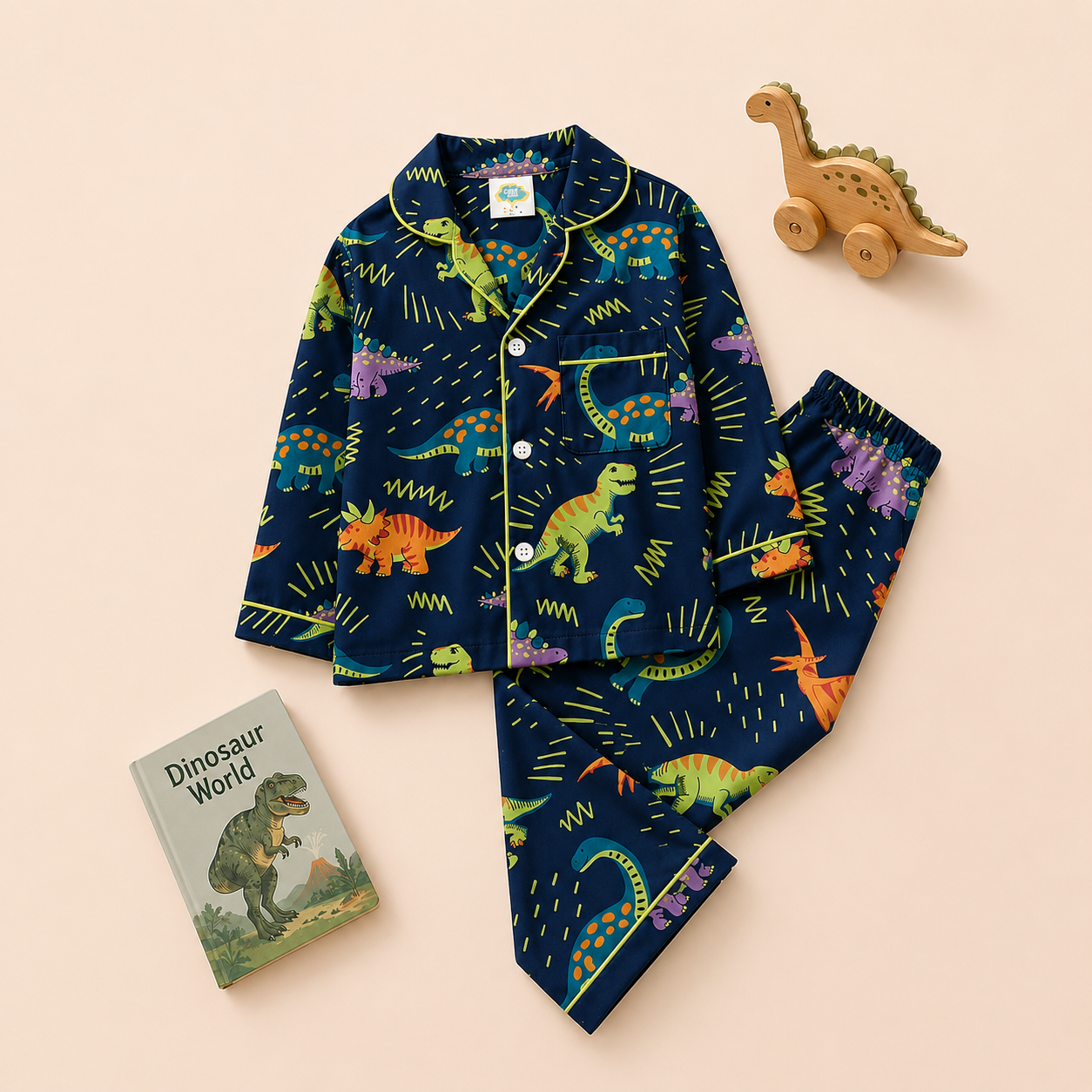Neon Dino print pure cotton night suit for boys
