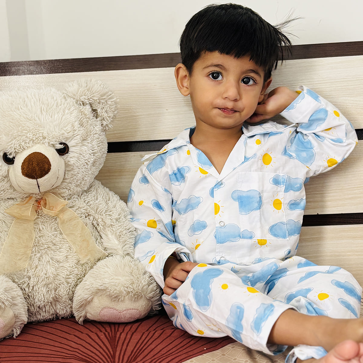 Kids Cotton Nightsuit - Multiple Designs - Sun & Clouds design
