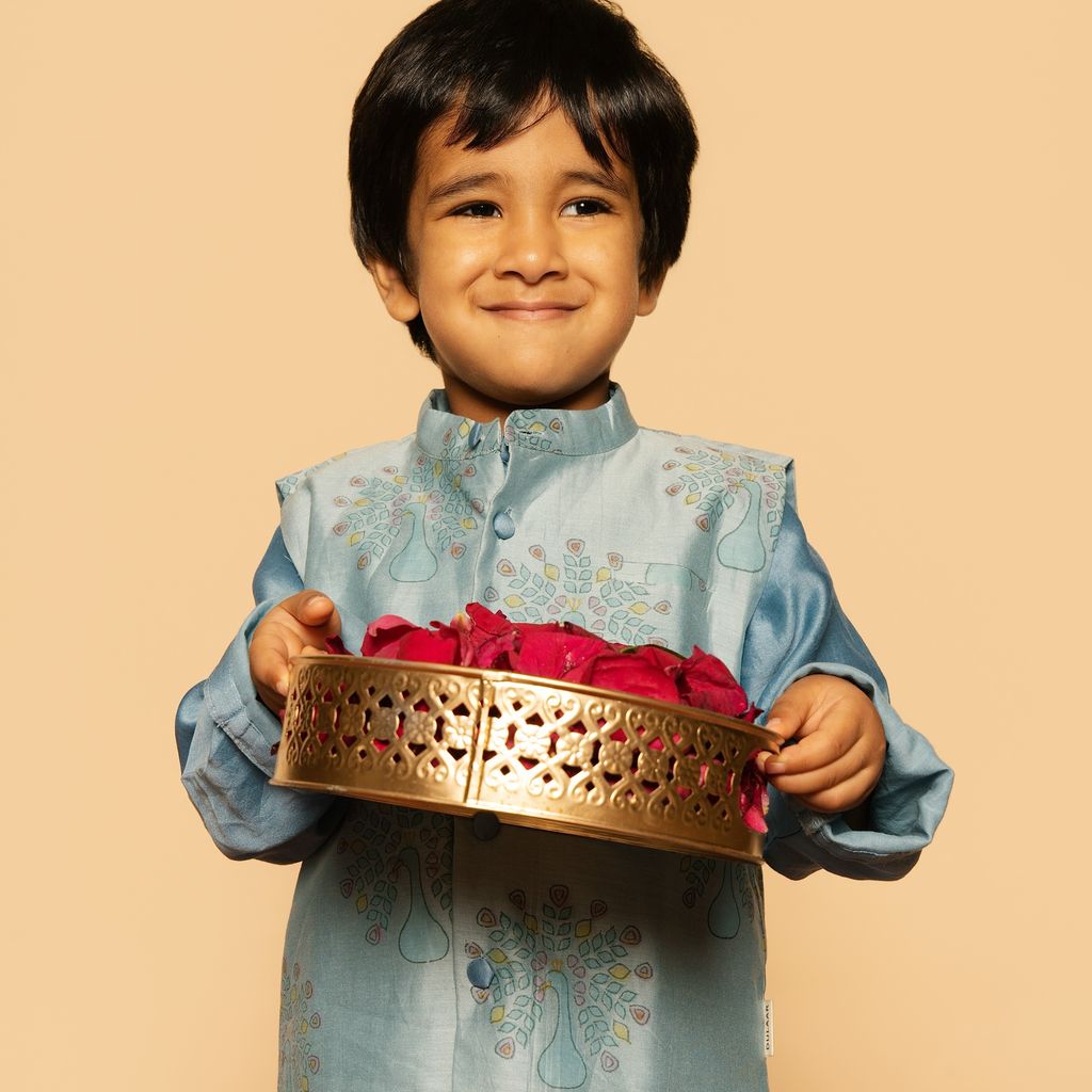 Chanderi Kurta Pyjama & Bandi Set | Hand-Block Printed