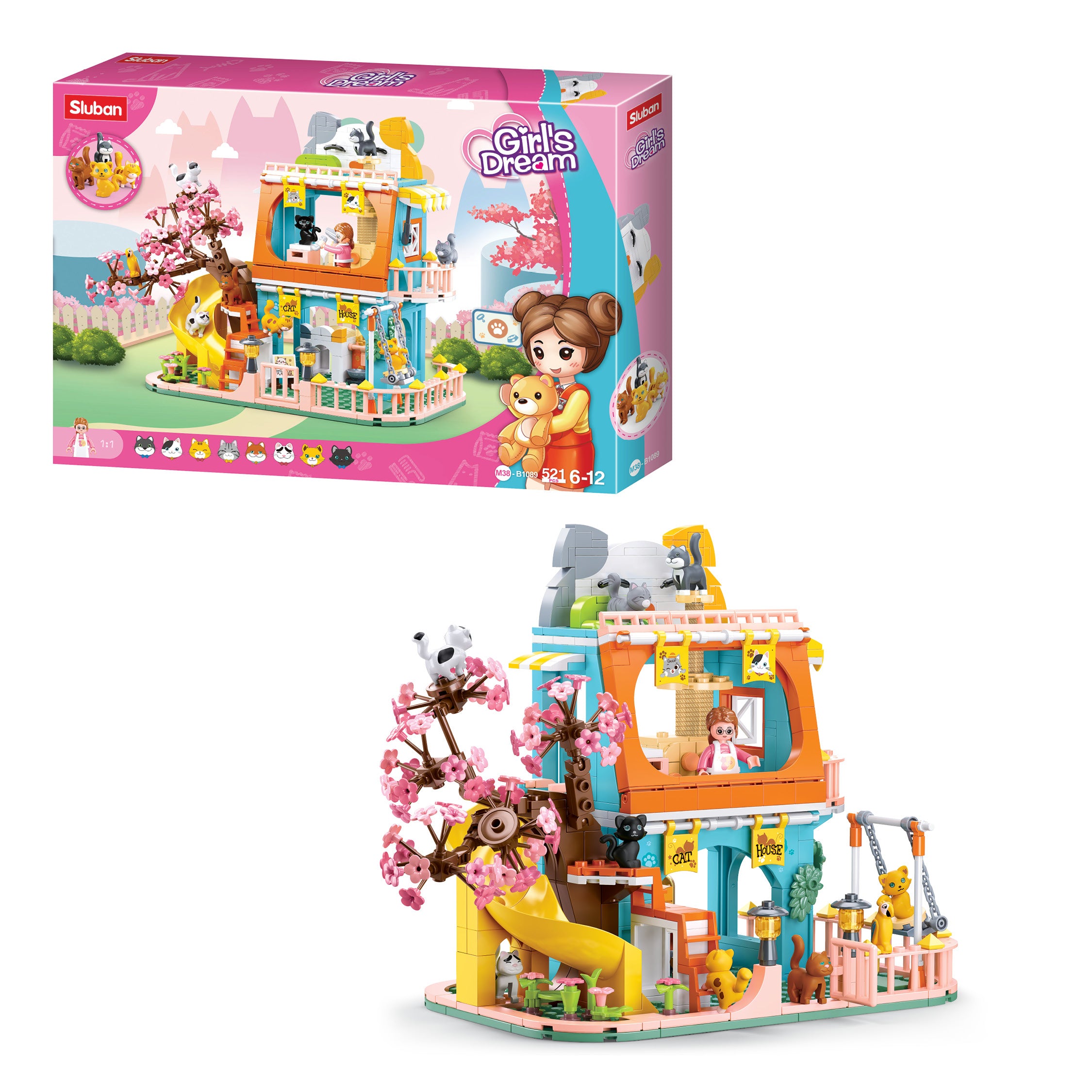 SLUBAN® Girls Dream-Cat House 521 pcs (M38-B1089) Building Blocks Kit For Girls Aged 6 Years And Above Creative Construction  Set Educational STEM Toy