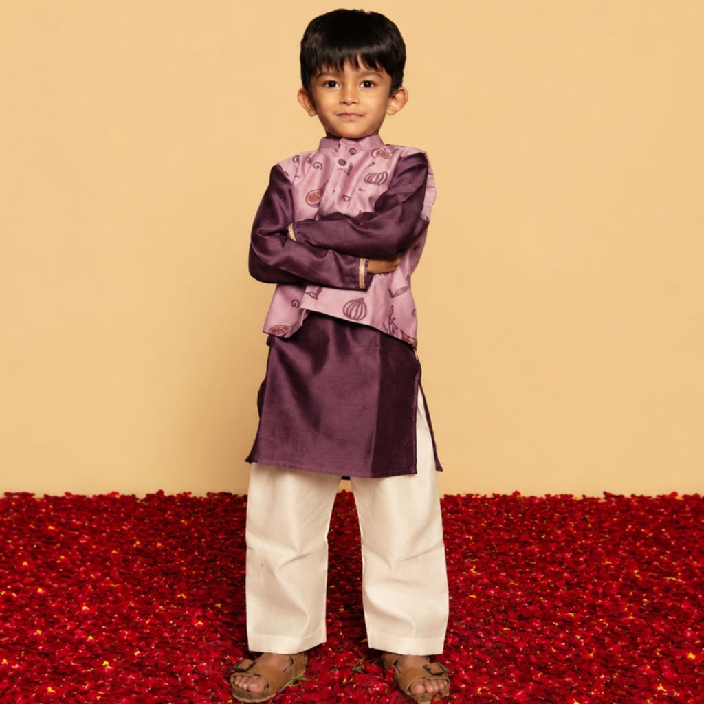 Chanderi Kurta Pyjama & Bandi Set | Hand-Block Printed