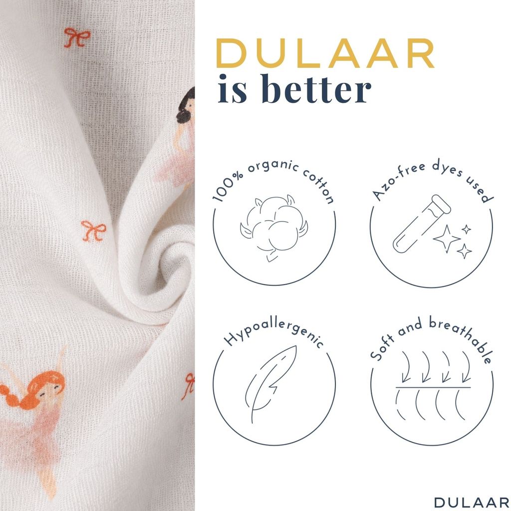 Dulaar fabric with illustrations of ballerinas and text highlighting organic cotton and eco-friendly features.