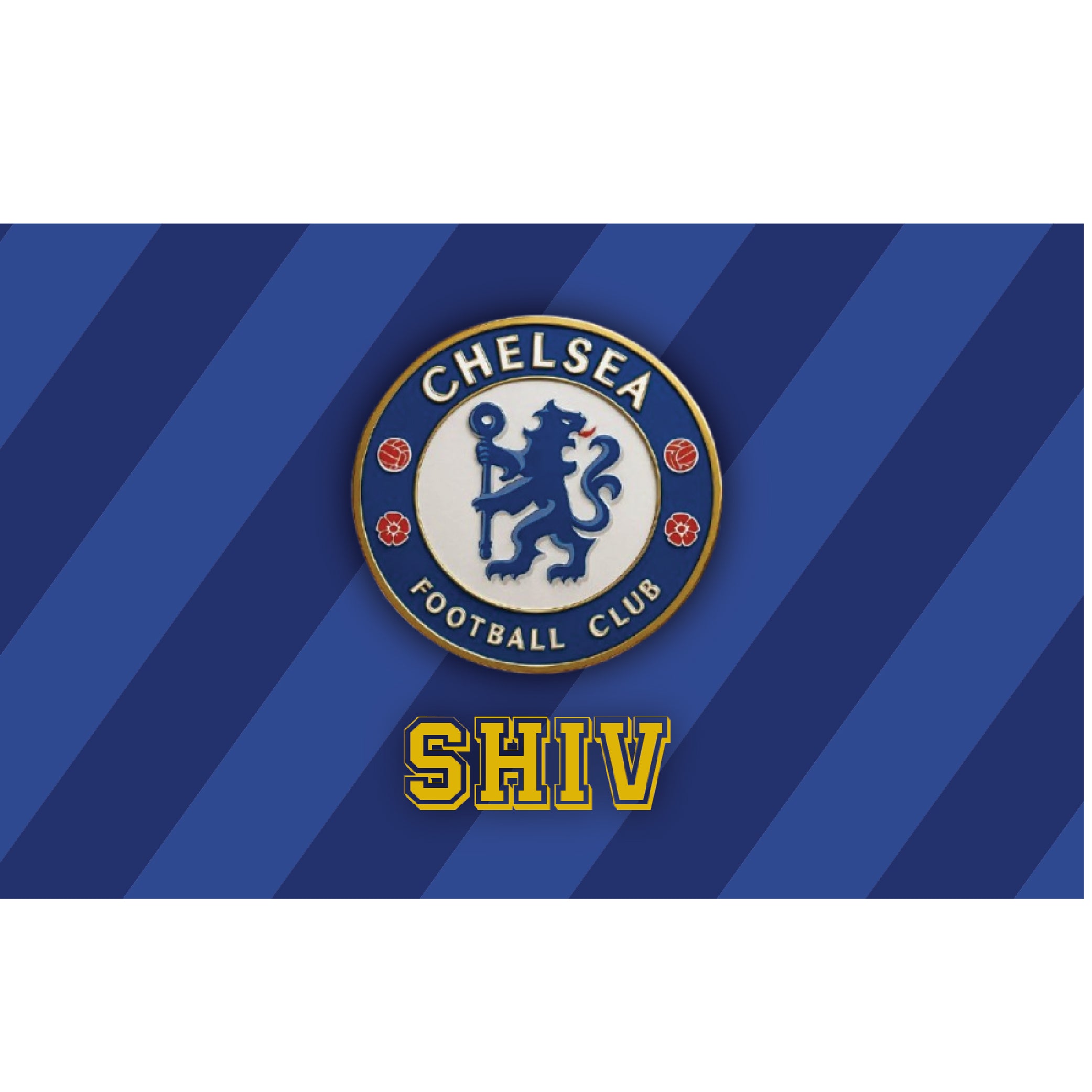 Personalised foldable desk design with Chelsea football club-inspired blue striped background and the name “SHIV.”