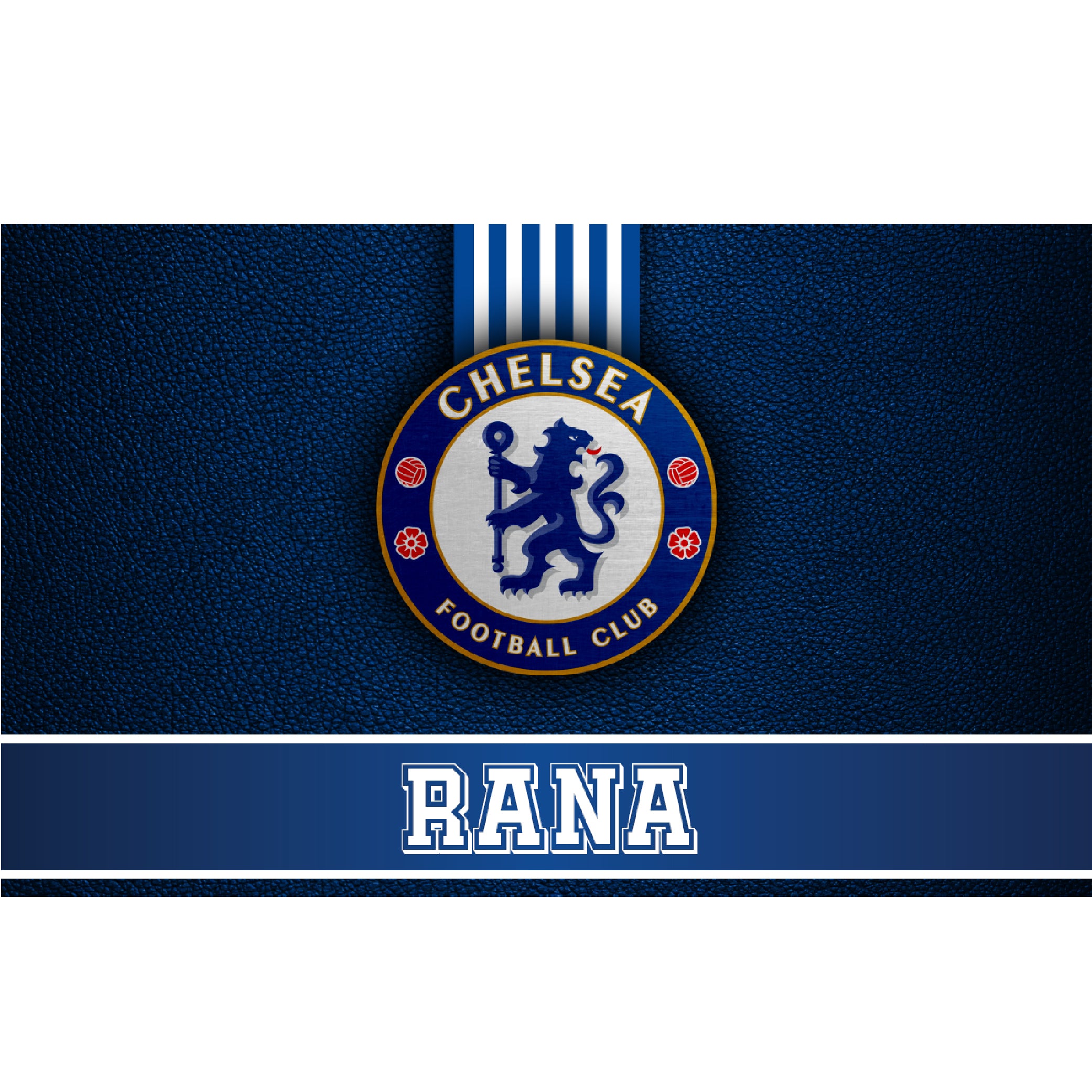 Personalised foldable desk design with Chelsea football club-inspired crest artwork on a dark blue background and the name “RANA.”