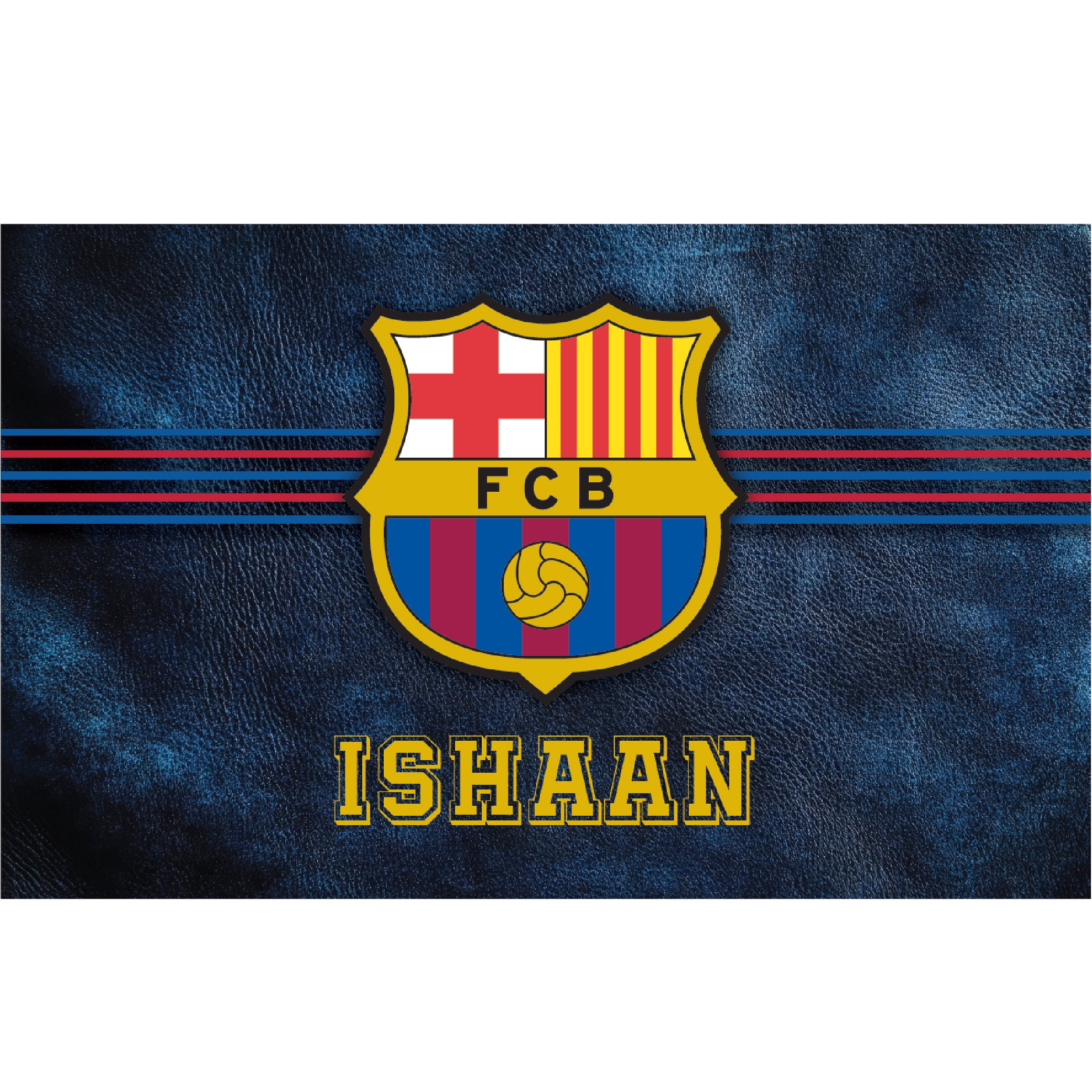 Personalised foldable desk design with FCB football club-inspired crest artwork on a dark blue textured background and the name “ISHAAN.”