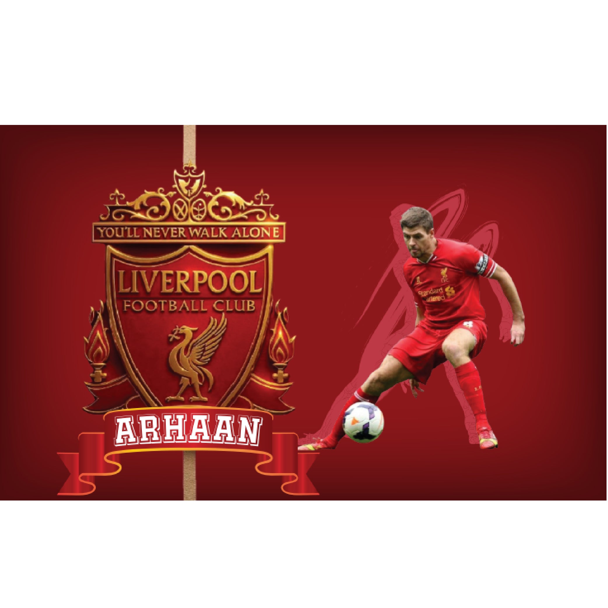 Personalised foldable desk design with Liverpool football club-inspired red artwork, football player graphic, and the name “ARHAAN.”