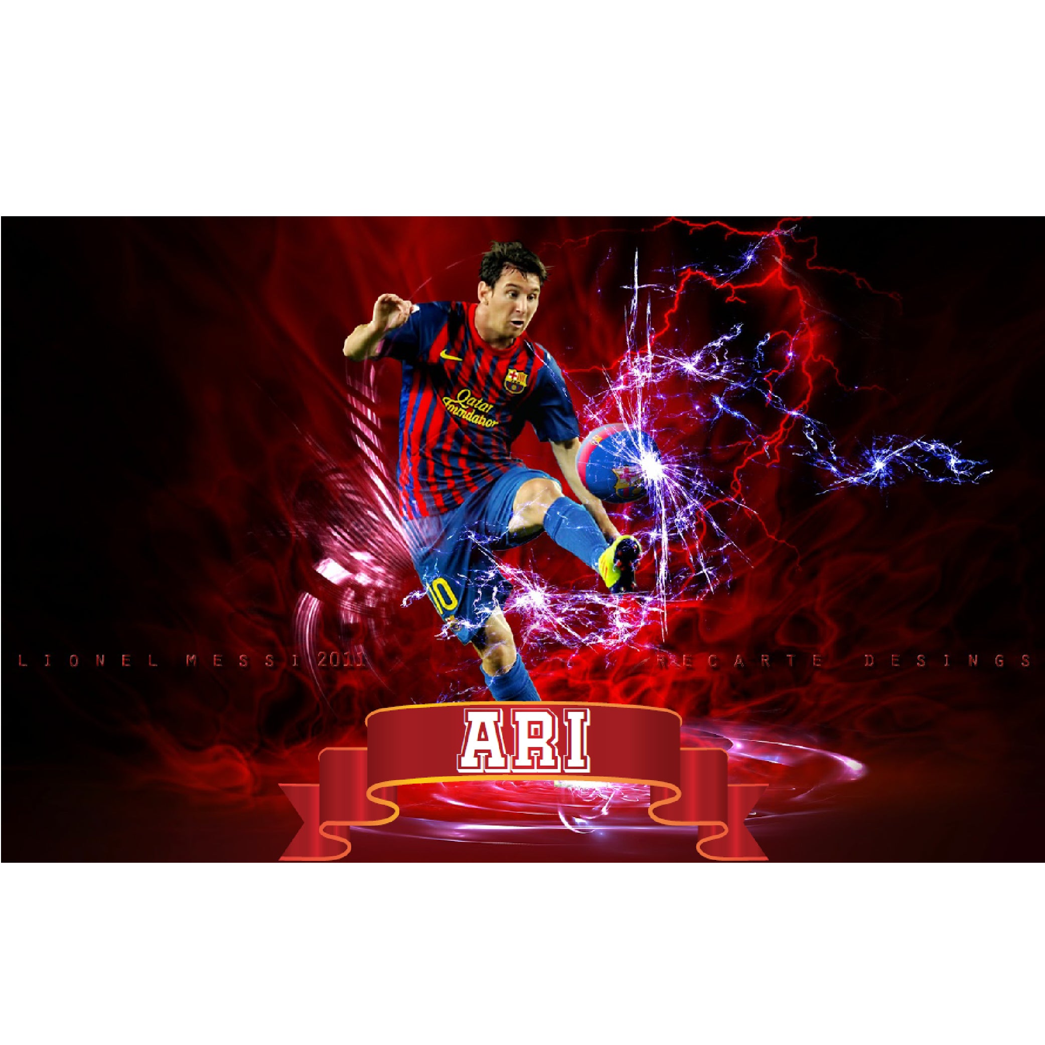 Personalised foldable desk design with football player artwork on a red action background and the name “ARI.”